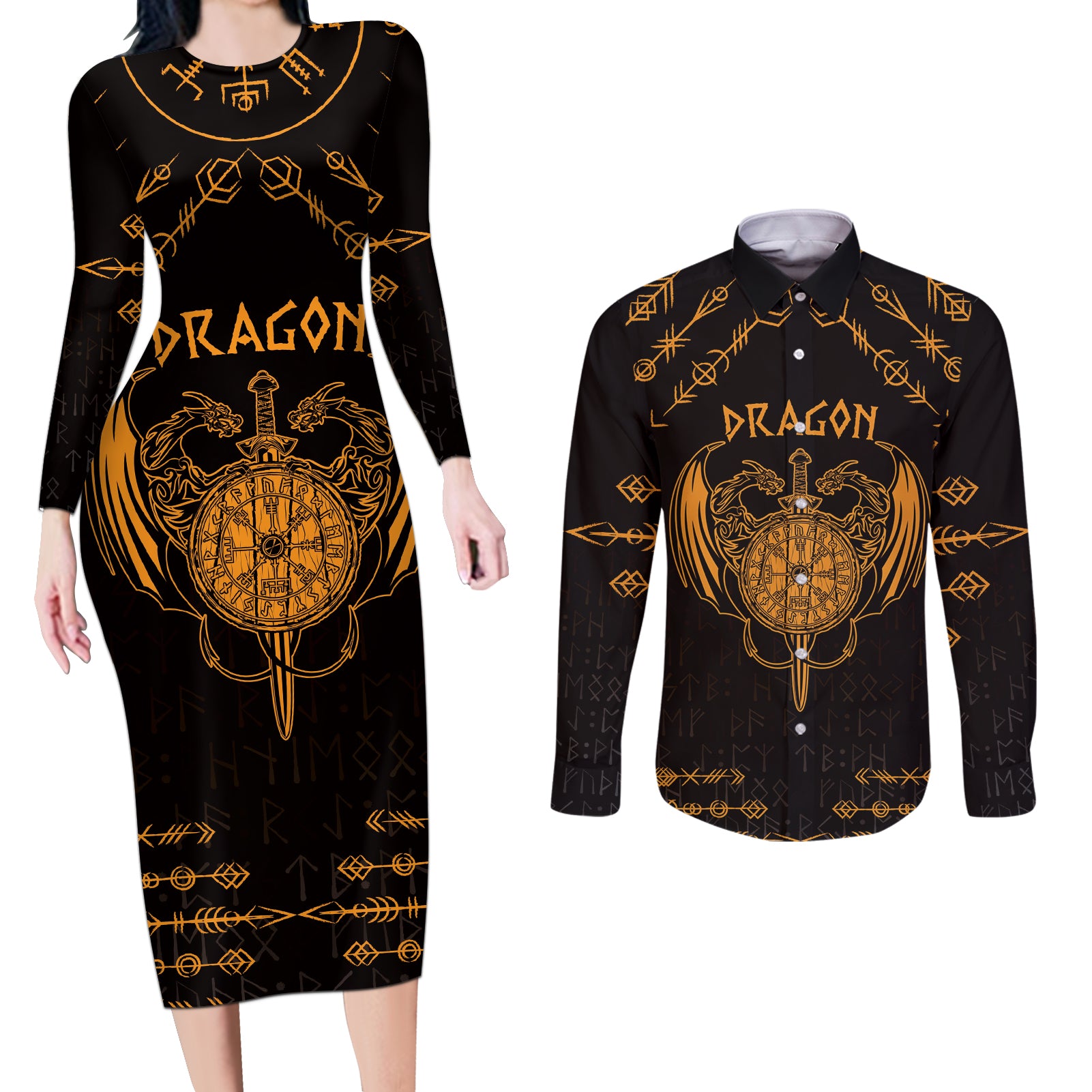 Personalized Viking Dragon Couples Matching Long Sleeve Bodycon Dress and Long Sleeve Button Shirt with Sword Gold Scandinavian Tattoo LT9 - Wonder Print Shop