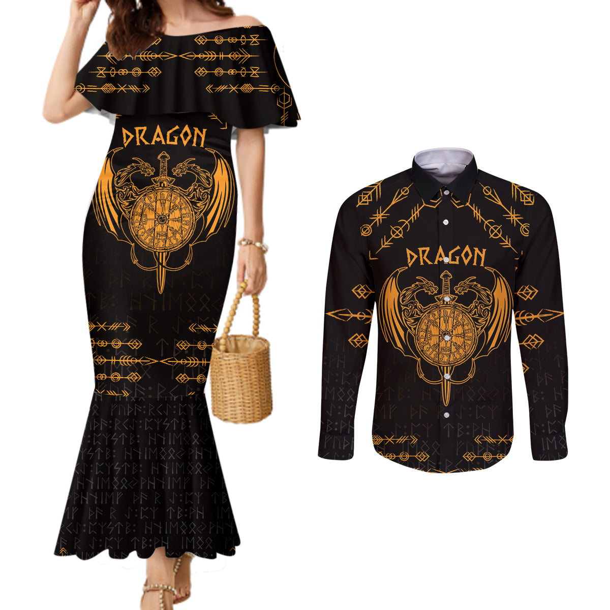 Personalized Viking Dragon Couples Matching Mermaid Dress and Long Sleeve Button Shirt with Sword Gold Scandinavian Tattoo