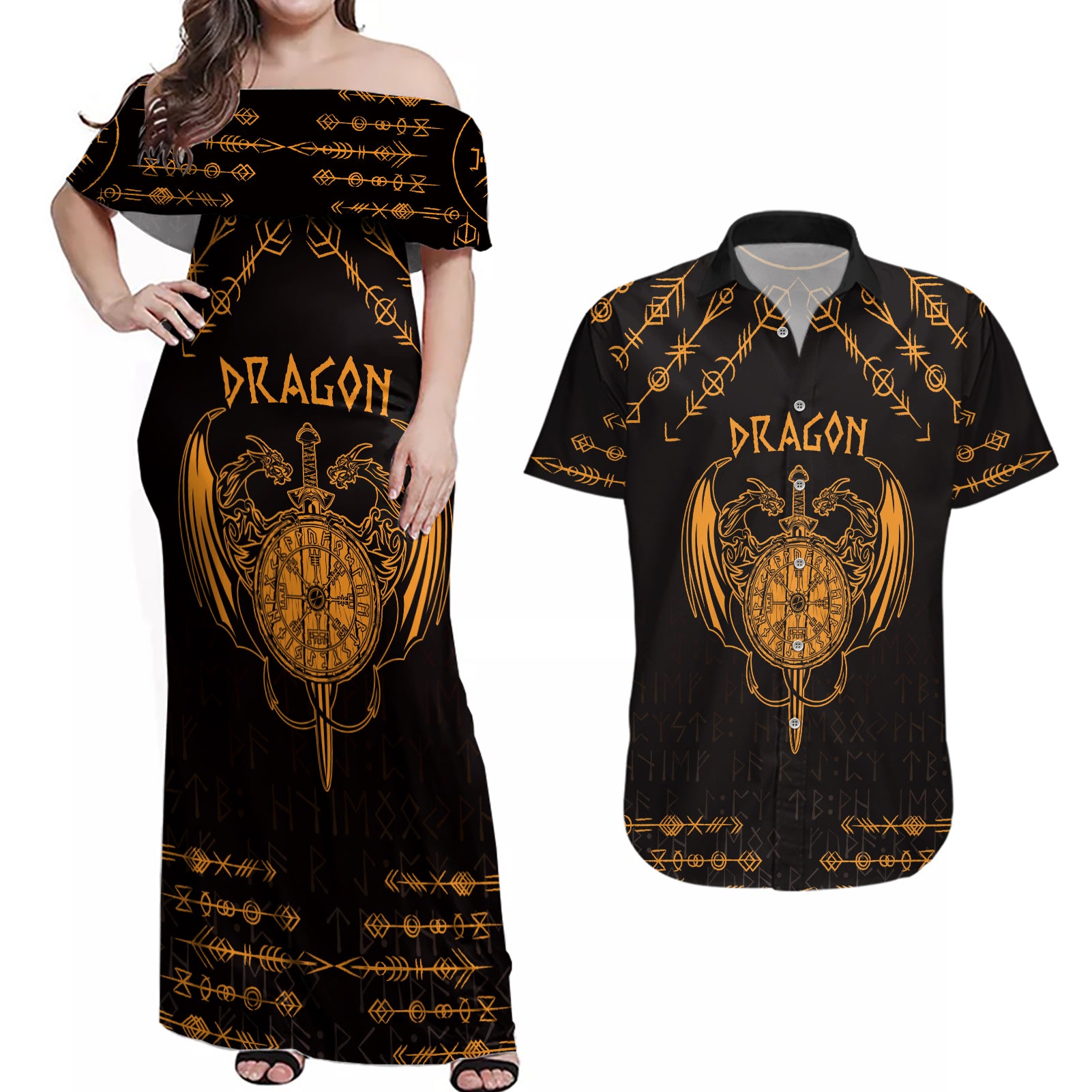 Personalized Viking Dragon Couples Matching Off Shoulder Maxi Dress and Hawaiian Shirt with Sword Gold Scandinavian Tattoo LT9 - Wonder Print Shop