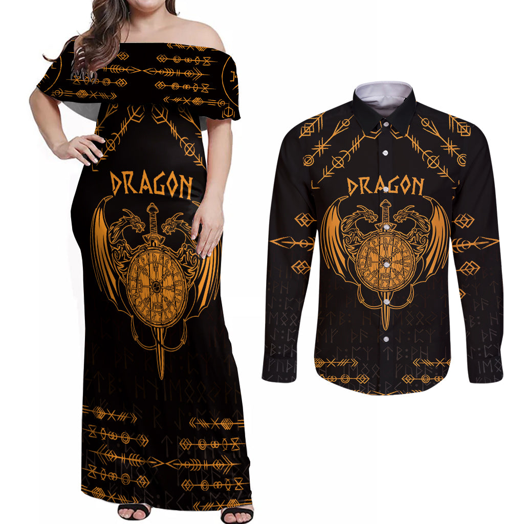 Personalized Viking Dragon Couples Matching Off Shoulder Maxi Dress and Long Sleeve Button Shirt with Sword Gold Scandinavian Tattoo LT9 - Wonder Print Shop