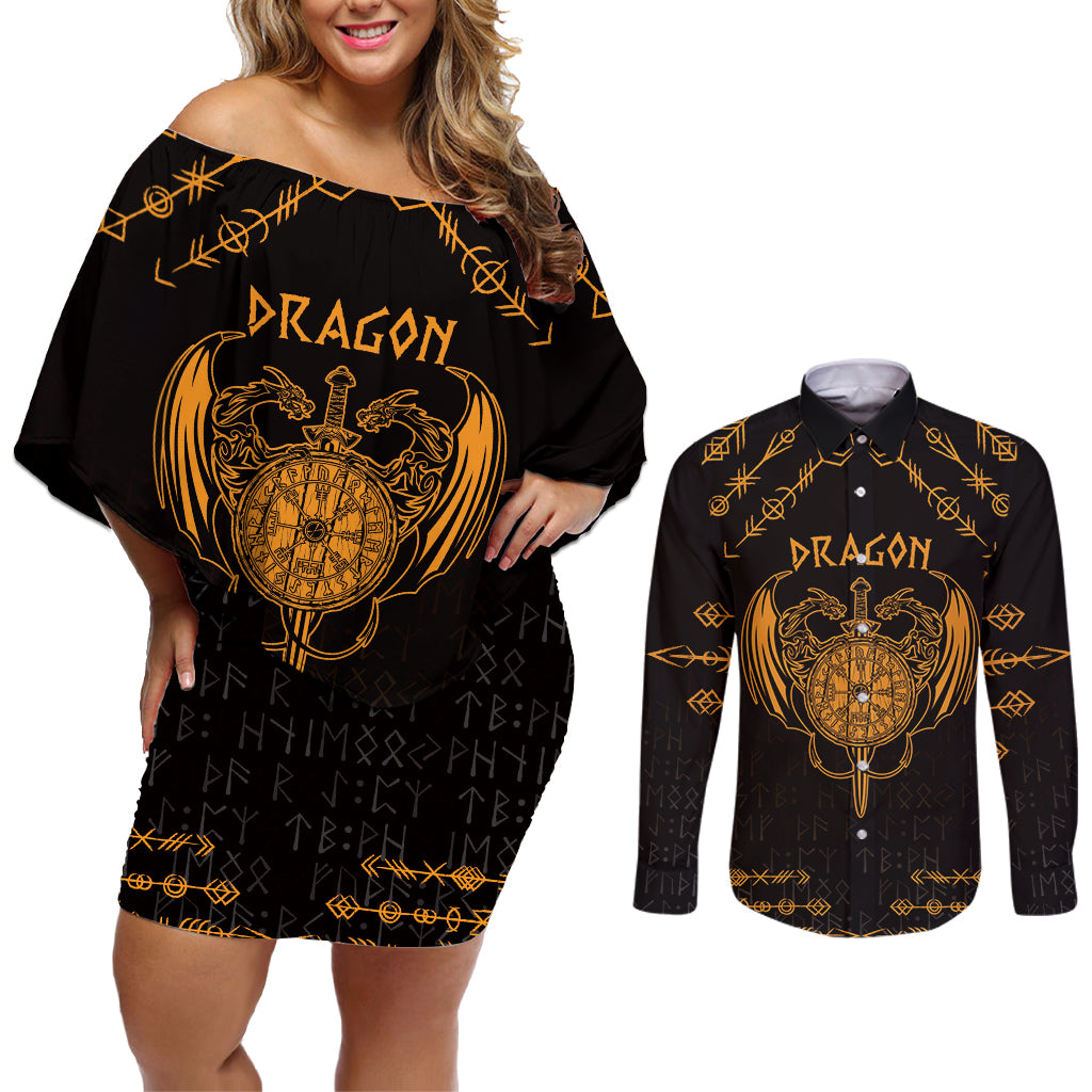 Personalized Viking Dragon Couples Matching Off Shoulder Short Dress and Long Sleeve Button Shirt with Sword Gold Scandinavian Tattoo LT9 - Wonder Print Shop