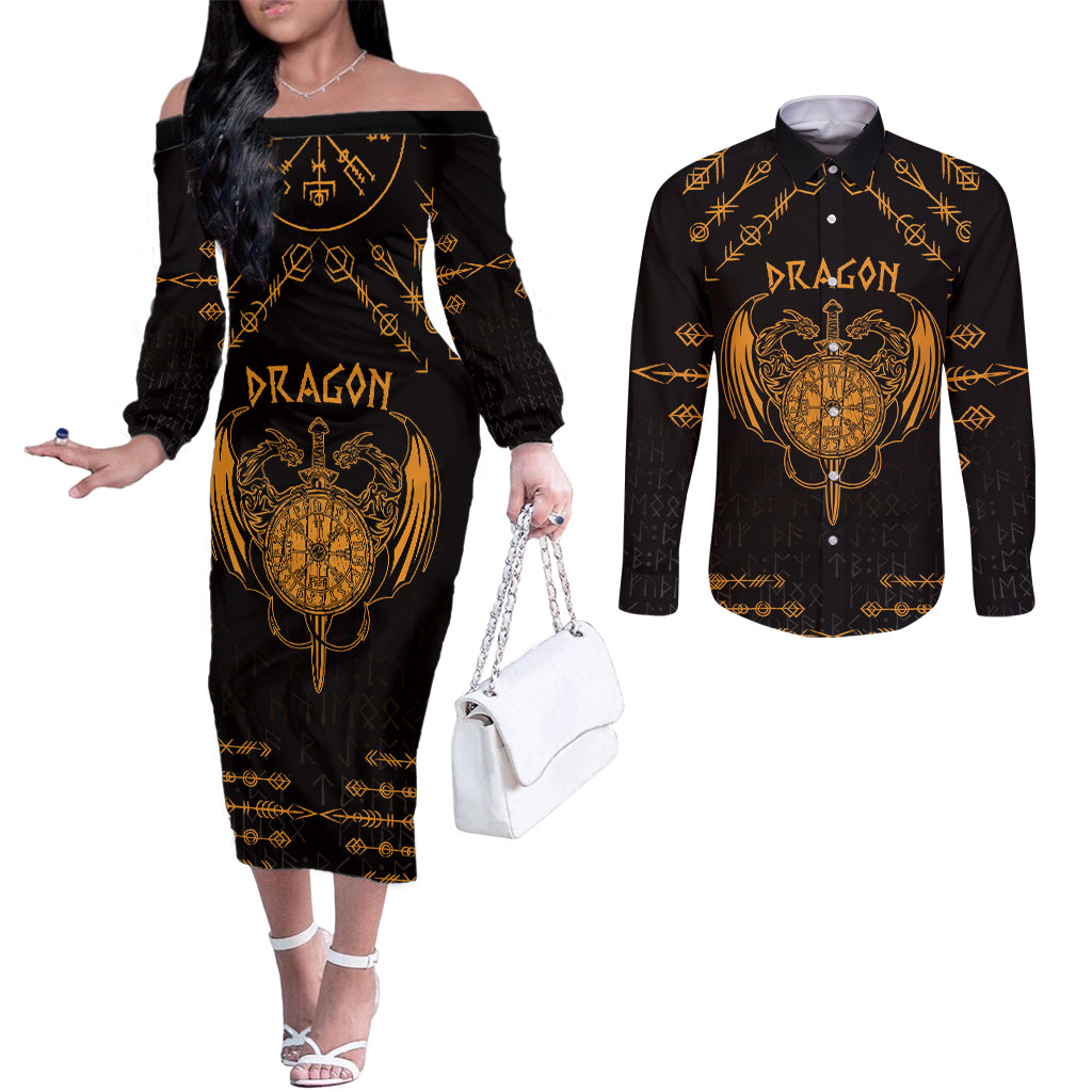 Personalized Viking Dragon Couples Matching Off The Shoulder Long Sleeve Dress and Long Sleeve Button Shirt with Sword Gold Scandinavian Tattoo