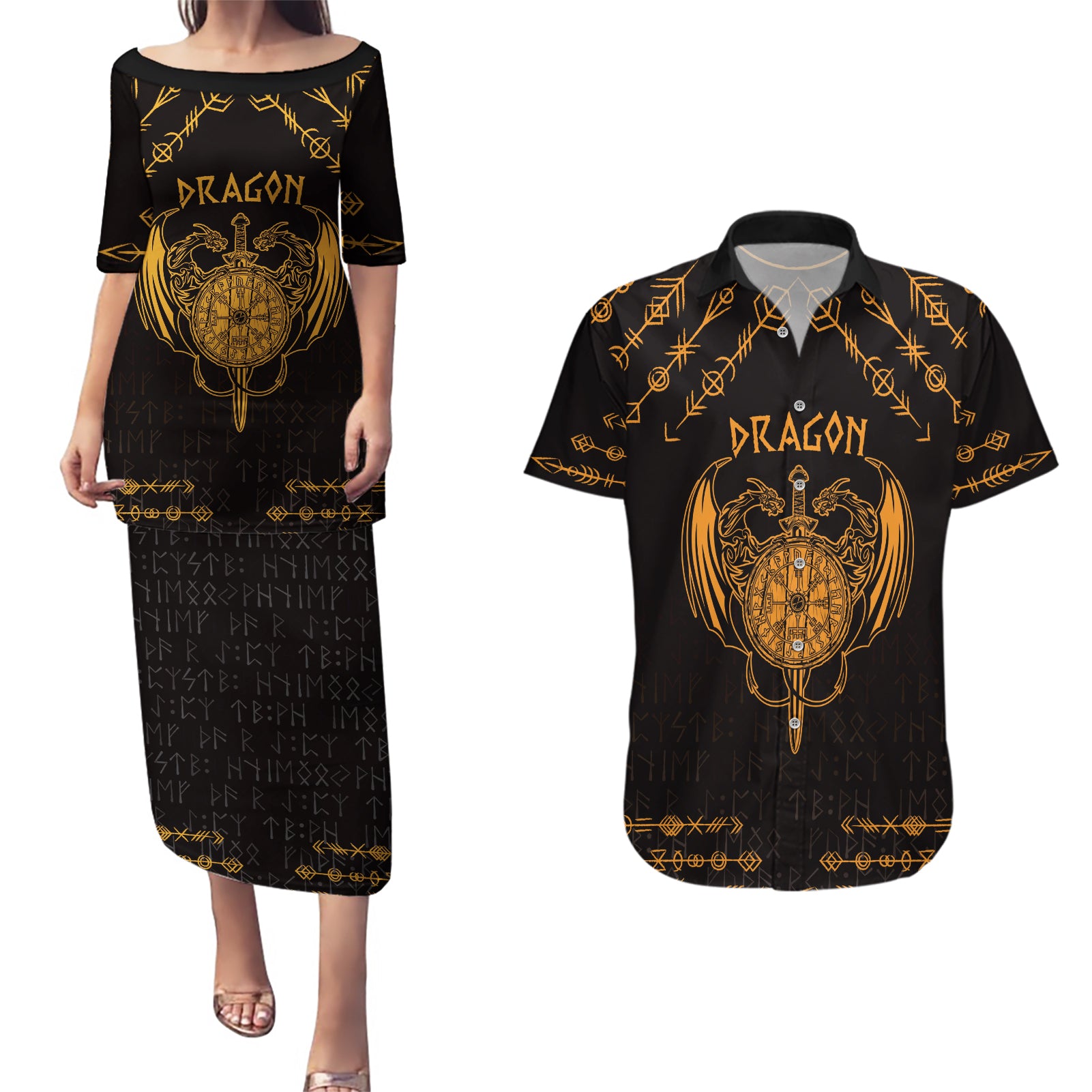 Personalized Viking Dragon Couples Matching Puletasi and Hawaiian Shirt with Sword Gold Scandinavian Tattoo LT9 - Wonder Print Shop