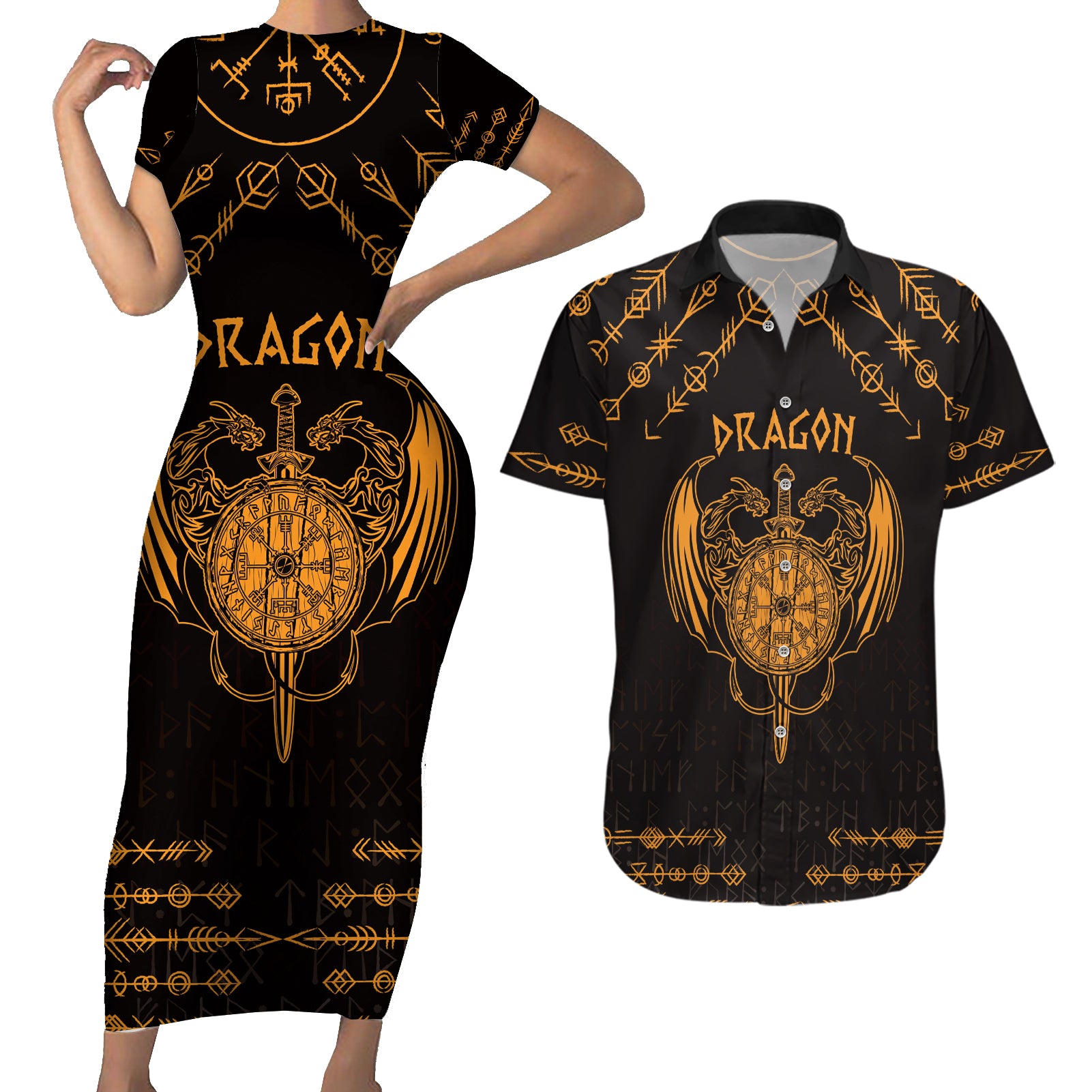 Personalized Viking Dragon Couples Matching Short Sleeve Bodycon Dress and Hawaiian Shirt with Sword Gold Scandinavian Tattoo LT9 - Wonder Print Shop