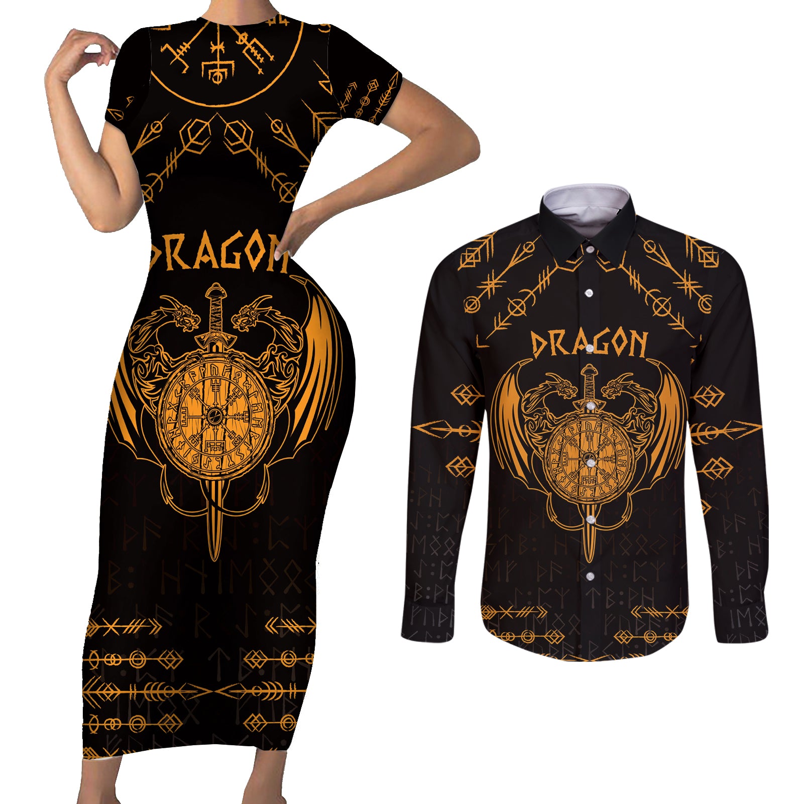 Personalized Viking Dragon Couples Matching Short Sleeve Bodycon Dress and Long Sleeve Button Shirt with Sword Gold Scandinavian Tattoo LT9 - Wonder Print Shop