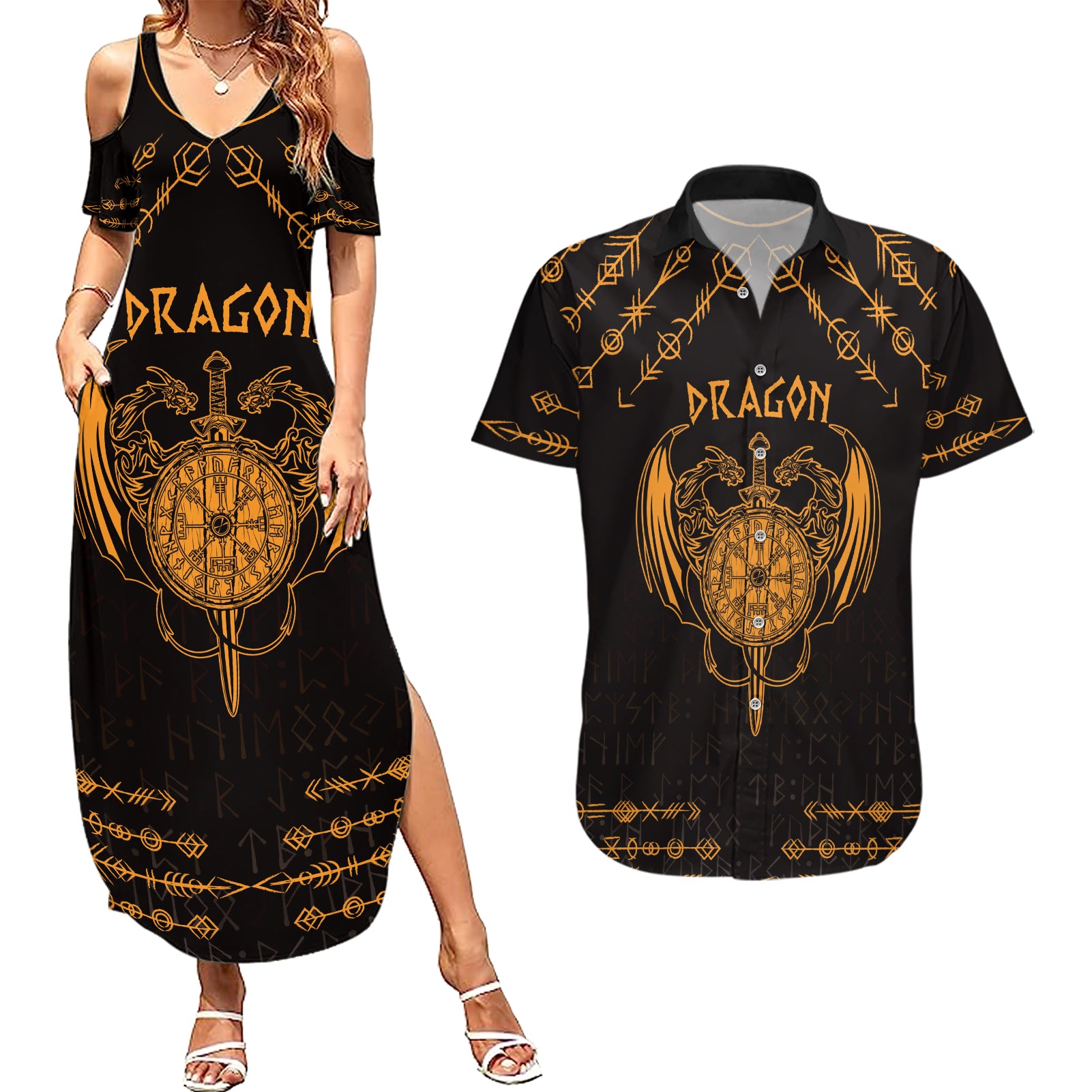 Personalized Viking Dragon Couples Matching Summer Maxi Dress and Hawaiian Shirt with Sword Gold Scandinavian Tattoo LT9 - Wonder Print Shop