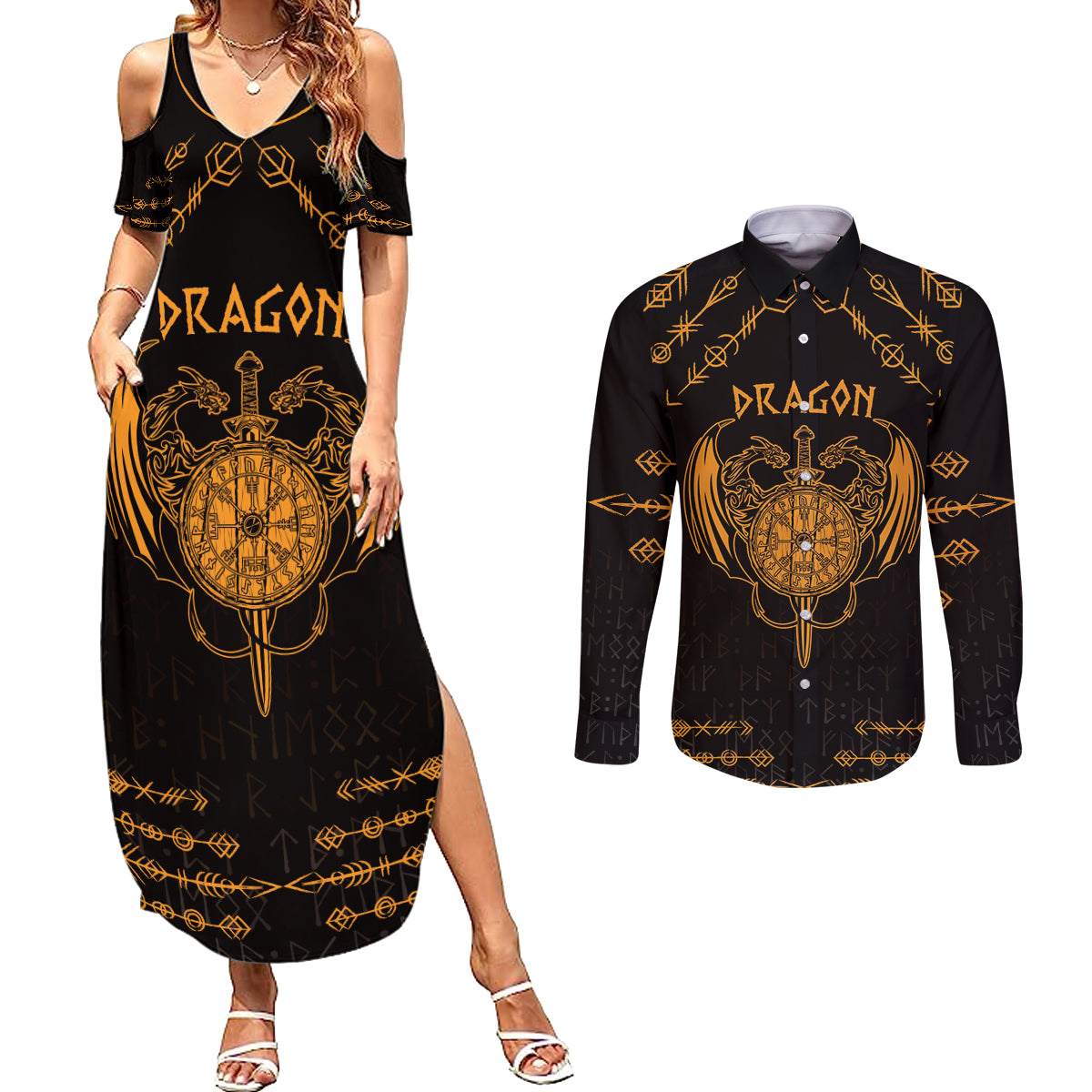 Personalized Viking Dragon Couples Matching Summer Maxi Dress and Long Sleeve Button Shirt with Sword Gold Scandinavian Tattoo LT9 - Wonder Print Shop