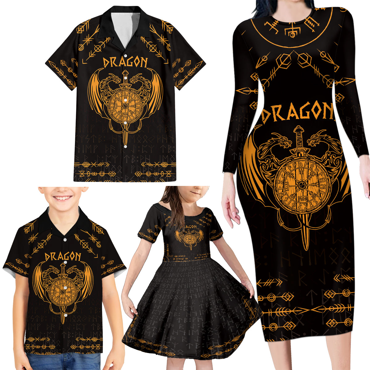 Personalized Viking Dragon Family Matching Long Sleeve Bodycon Dress and Hawaiian Shirt with Sword Gold Scandinavian Tattoo LT9 - Wonder Print Shop