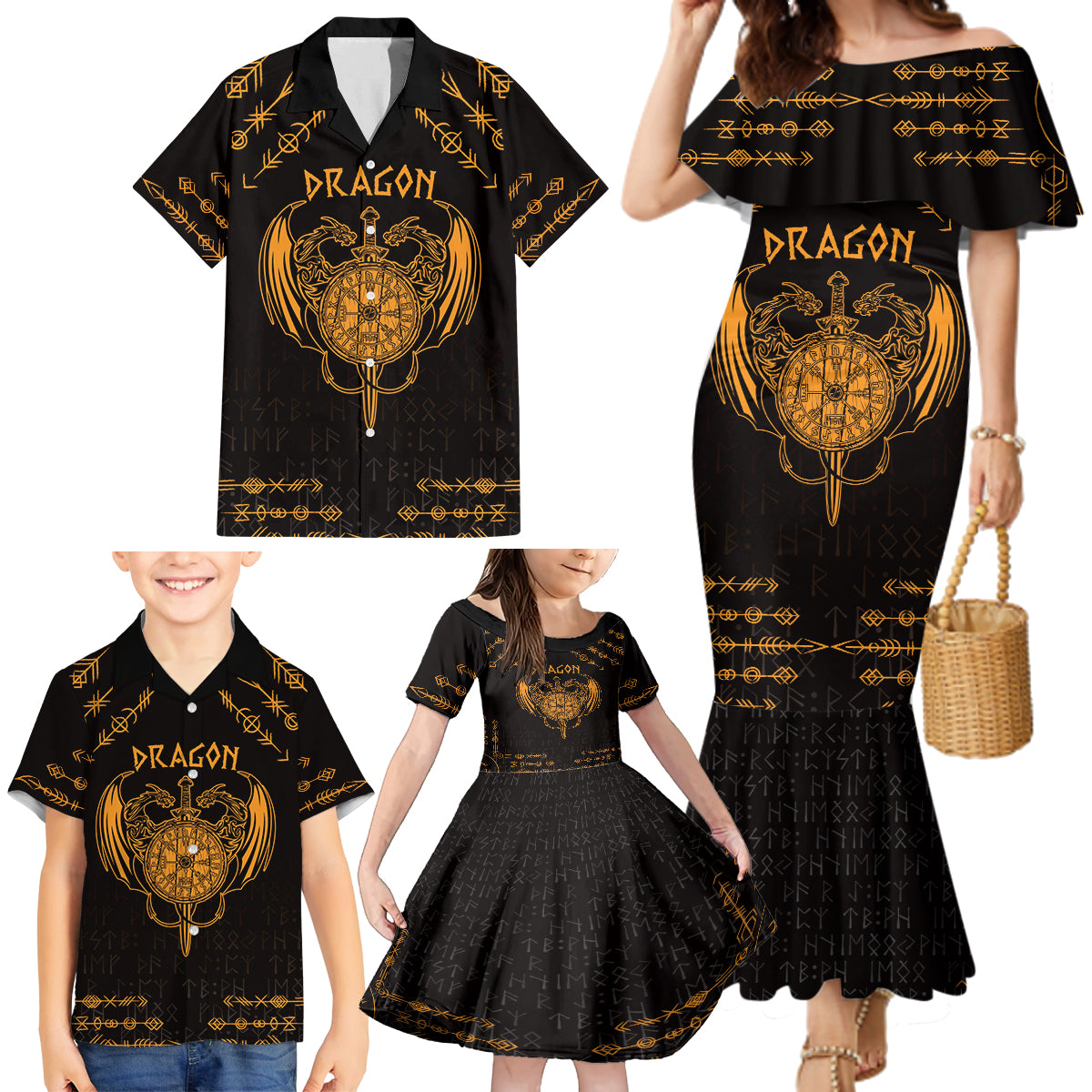 Personalized Viking Dragon Family Matching Mermaid Dress and Hawaiian Shirt with Sword Gold Scandinavian Tattoo LT9 - Wonder Print Shop