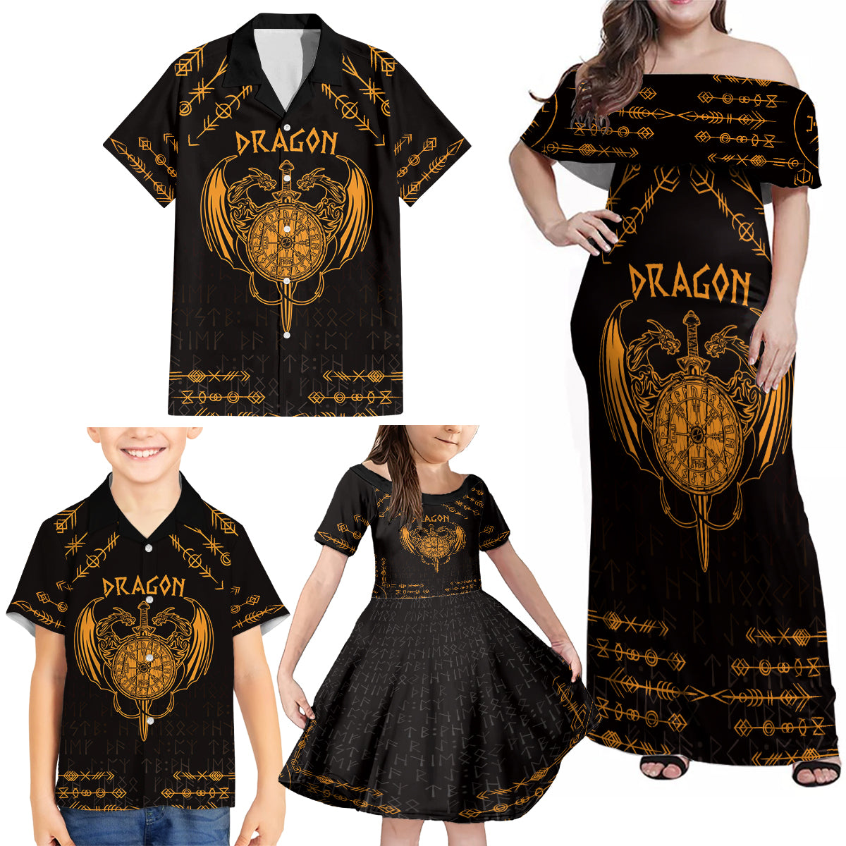 Personalized Viking Dragon Family Matching Off Shoulder Maxi Dress and Hawaiian Shirt with Sword Gold Scandinavian Tattoo LT9 - Wonder Print Shop