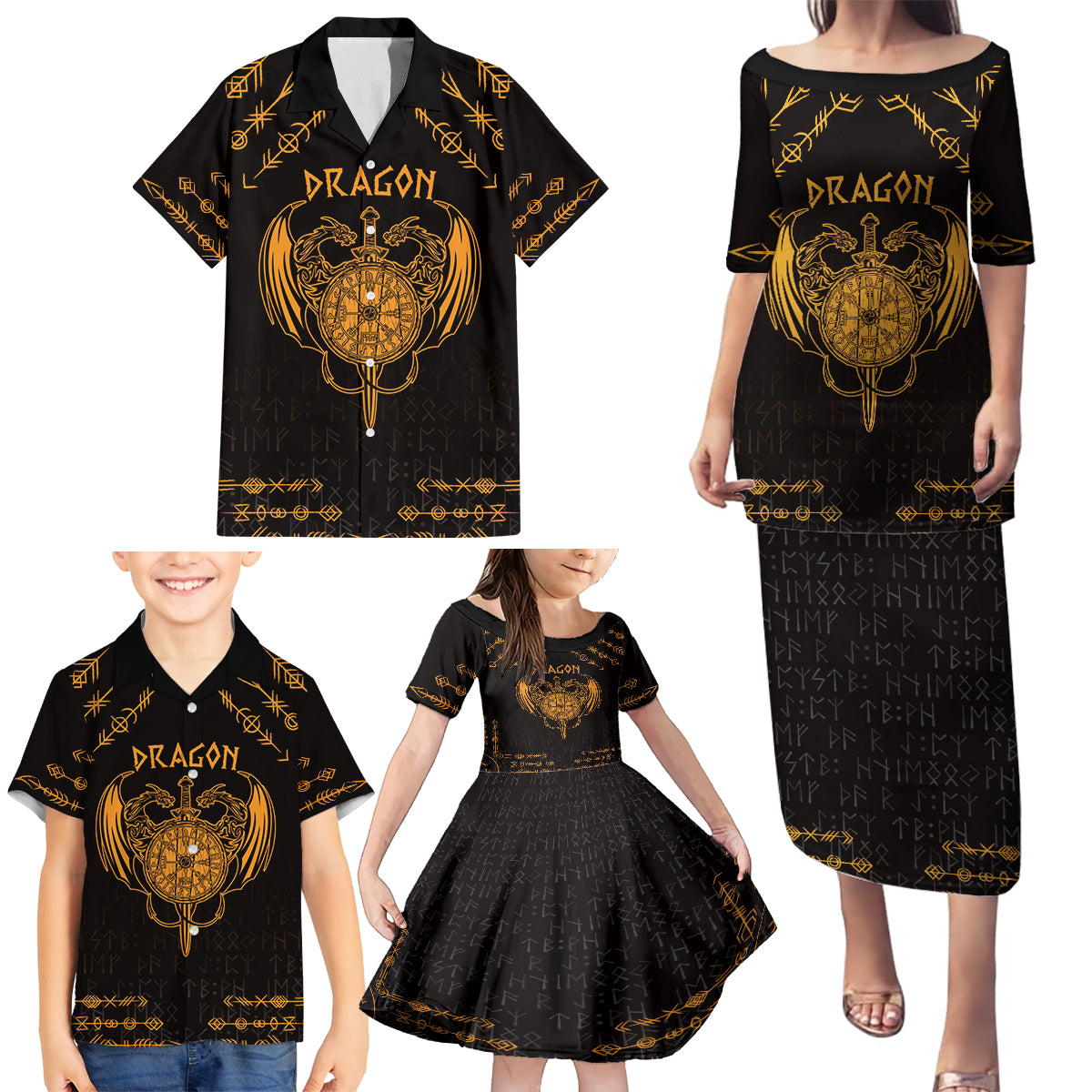 Personalized Viking Dragon Family Matching Puletasi and Hawaiian Shirt with Sword Gold Scandinavian Tattoo - Wonder Print Shop