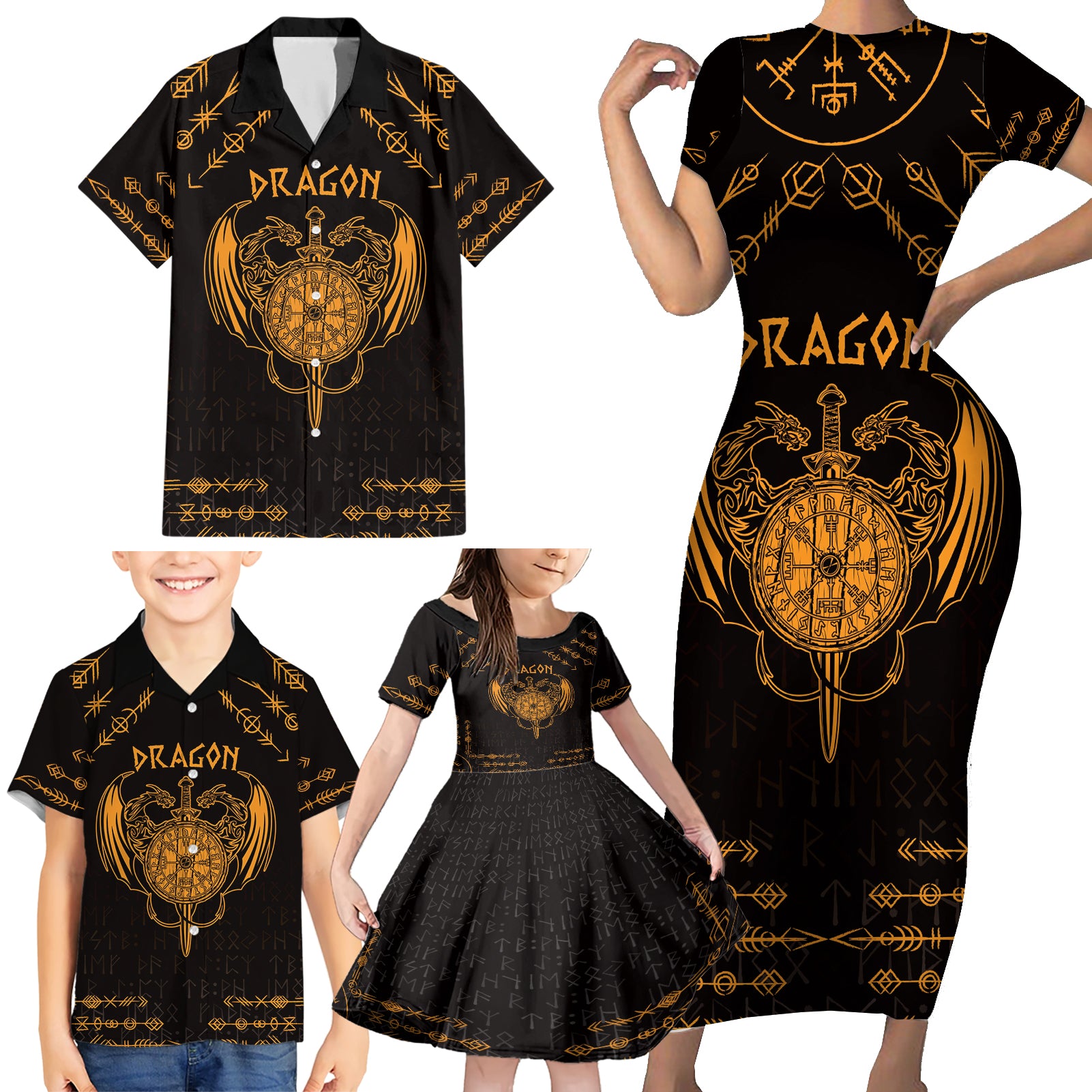 Personalized Viking Dragon Family Matching Short Sleeve Bodycon Dress and Hawaiian Shirt with Sword Gold Scandinavian Tattoo - Wonder Print Shop