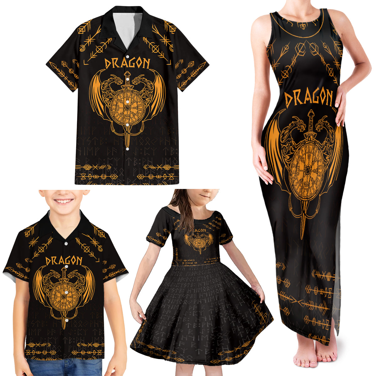 Personalized Viking Dragon Family Matching Tank Maxi Dress and Hawaiian Shirt with Sword Gold Scandinavian Tattoo - Wonder Print Shop