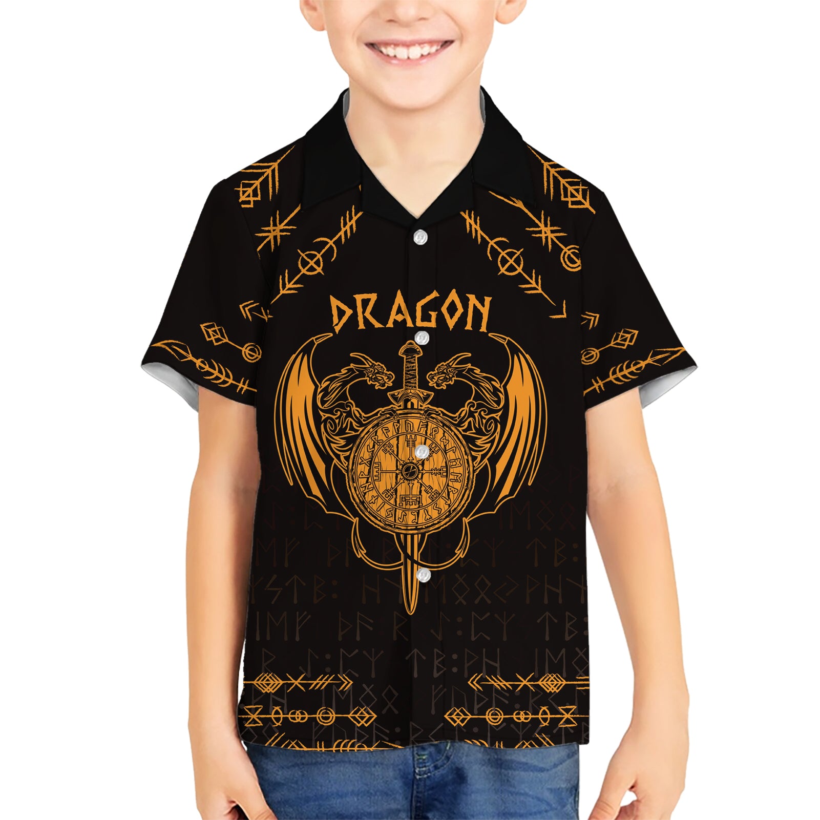 Personalized Viking Dragon Kid Hawaiian Shirt with Sword Gold Scandinavian Tattoo - Wonder Print Shop