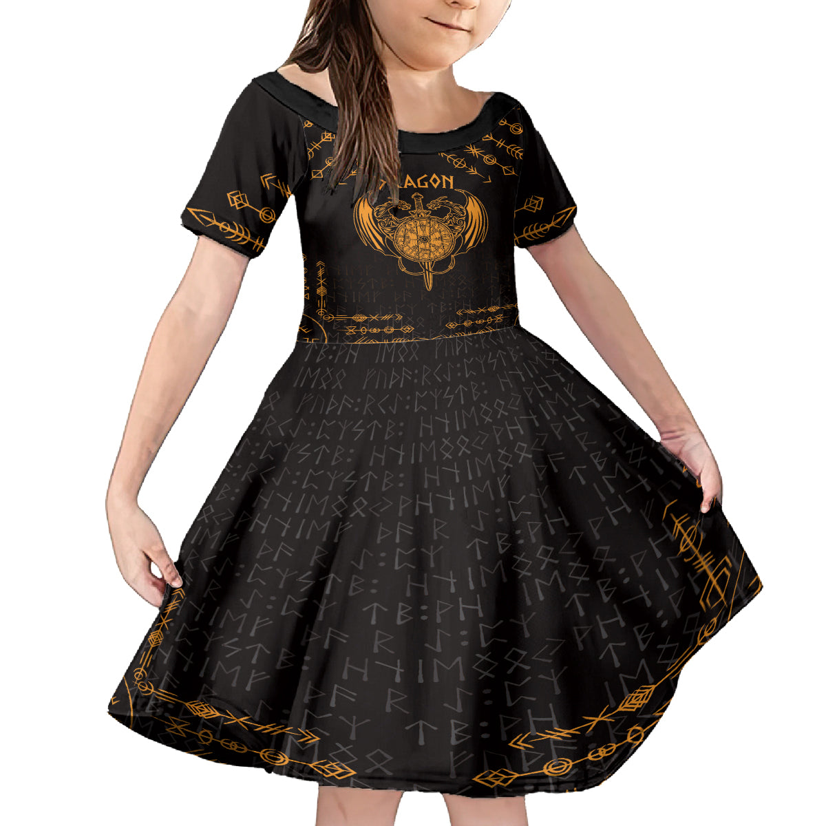 Personalized Viking Dragon Kid Short Sleeve Dress with Sword Gold Scandinavian Tattoo - Wonder Print Shop