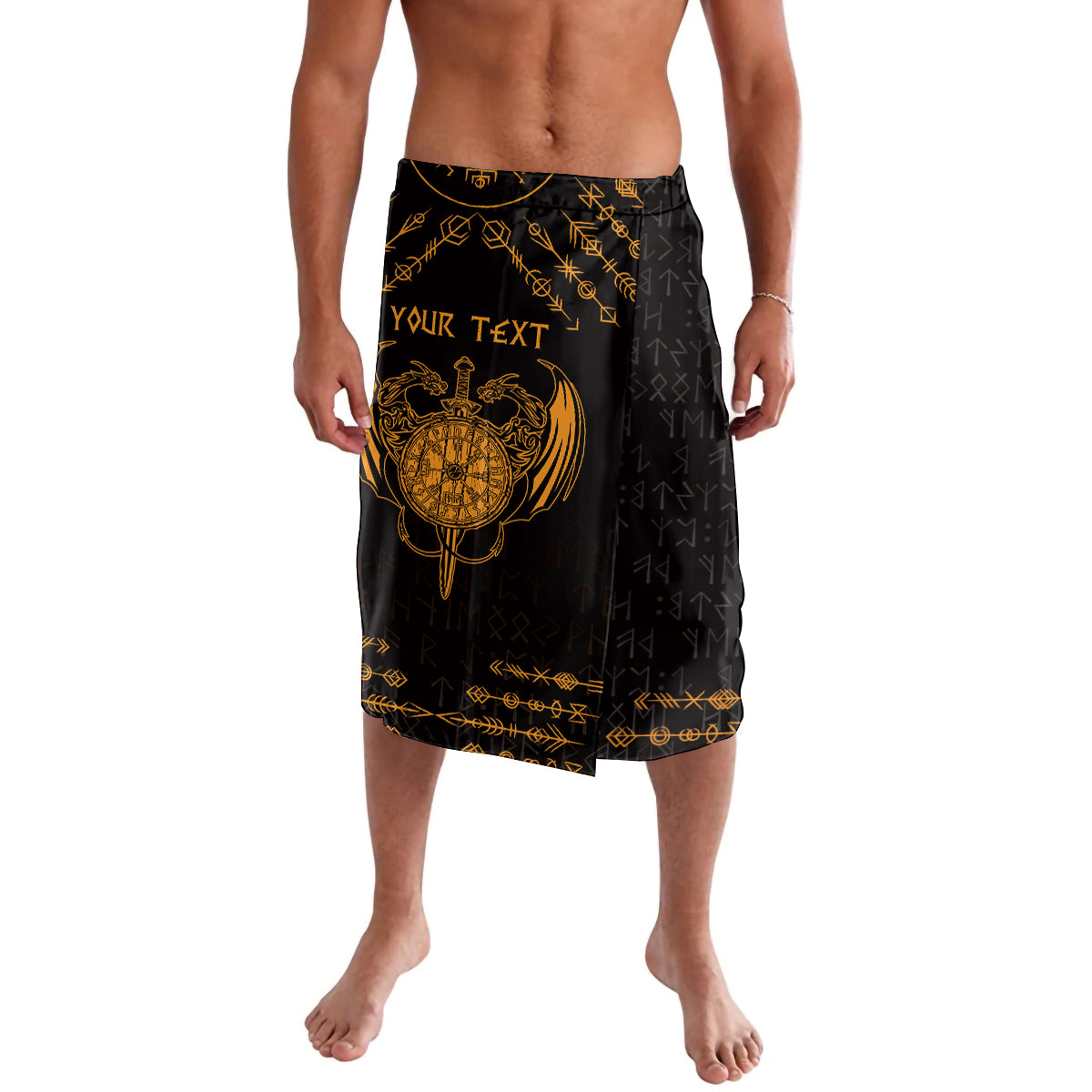 Men's black lavalava with gold dragon-sword graphic and 'YOUR TEXT' area