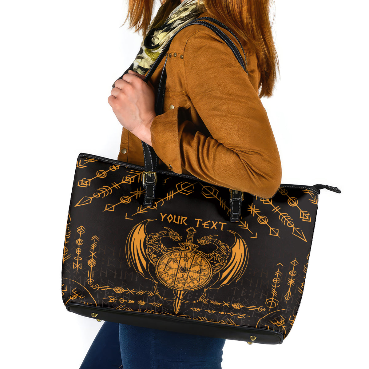 Personalized Viking Dragon Leather Tote Bag with Sword Gold Scandinavian Tattoo - Wonder Print Shop