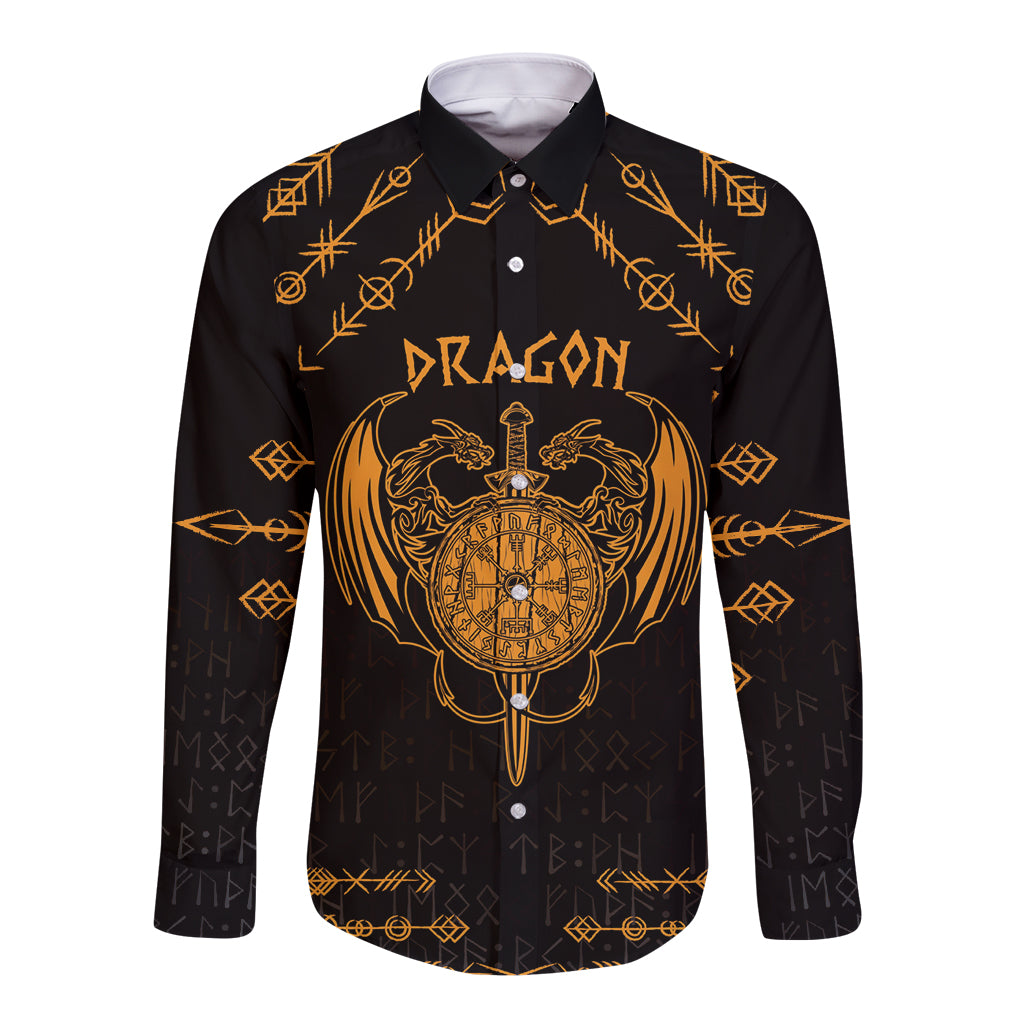 Unisex black long-sleeve button shirt with gold dragon crest and sword graphic