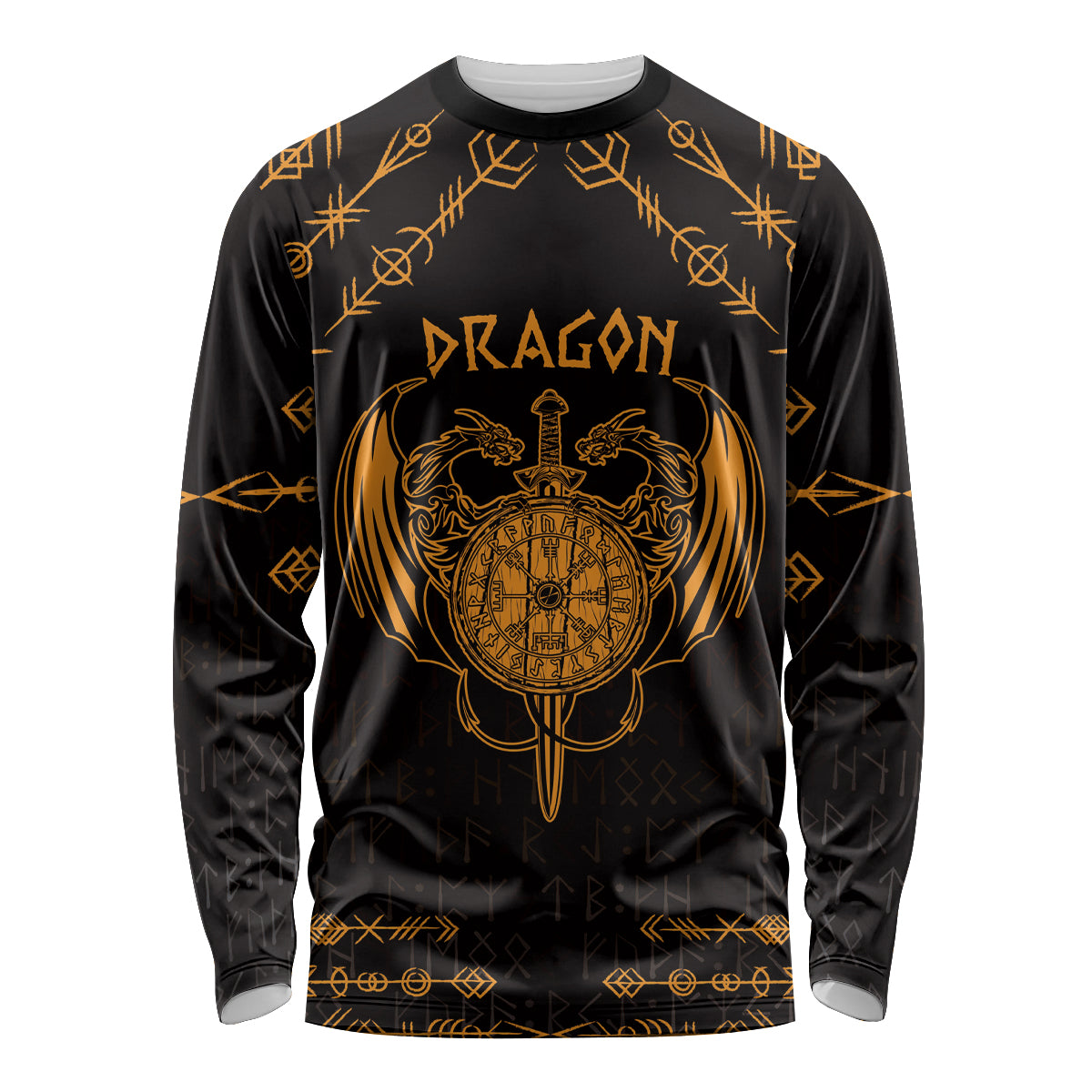 Personalized Viking Dragon Long Sleeve Shirt with Sword Gold Scandinavian Tattoo - Wonder Print Shop