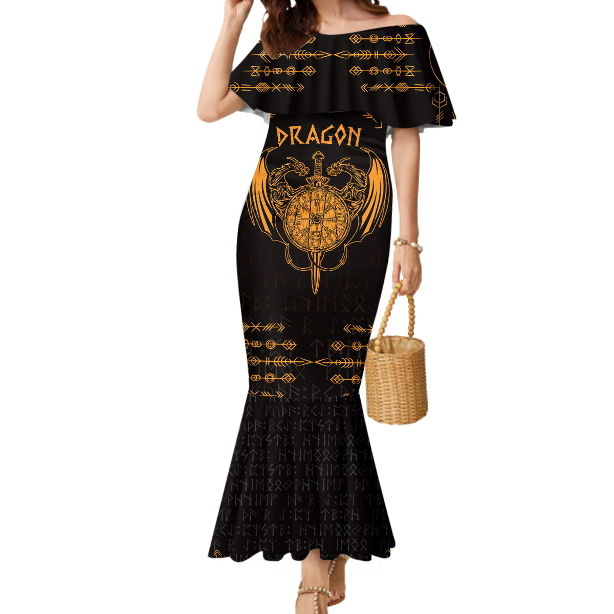 Personalized Viking Dragon Mermaid Dress with Sword Gold Scandinavian Tattoo - Wonder Print Shop