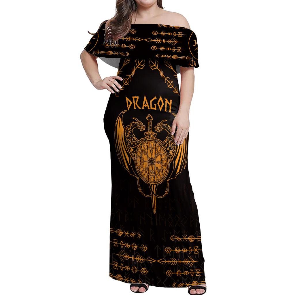 Personalized Viking Dragon Off Shoulder Maxi Dress with Sword Gold Scandinavian Tattoo - Wonder Print Shop