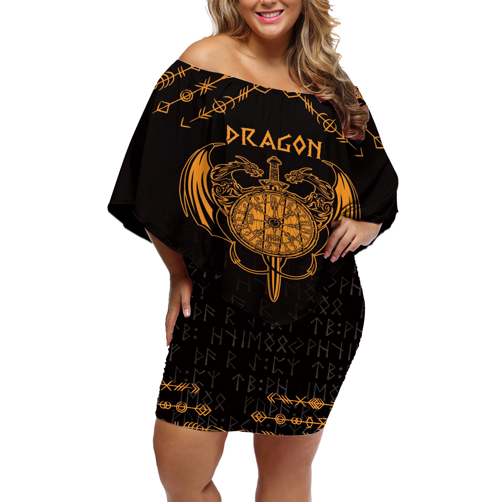 Personalized Viking Dragon Off Shoulder Short Dress with Sword Gold Scandinavian Tattoo - Wonder Print Shop