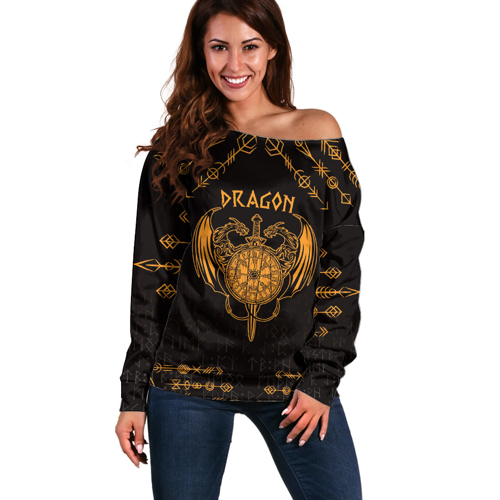 Personalized Viking Dragon Off Shoulder Sweater with Sword Gold Scandinavian Tattoo - Wonder Print Shop