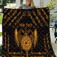 Black quilt with gold Viking dragon shield and sword tattoo design, personalized text