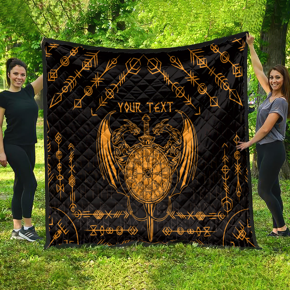 Black quilt with gold Viking dragon shield and sword tattoo, personalized text centered