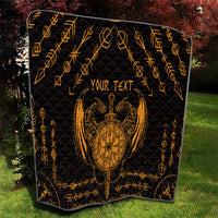 Black quilt with gold Viking dragon shield and sword tattoo, personalized text on quilt