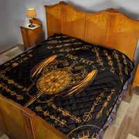 Black quilt with gold Viking dragon shield and sword tattoo, personalized text on bed