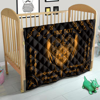 Black quilt with gold Viking dragon shield and sword tattoo, personalized text for crib