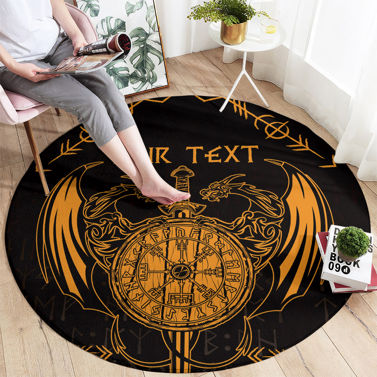 Round Viking dragon and compass rug in black with gold 'YOUR TEXT' lettering
