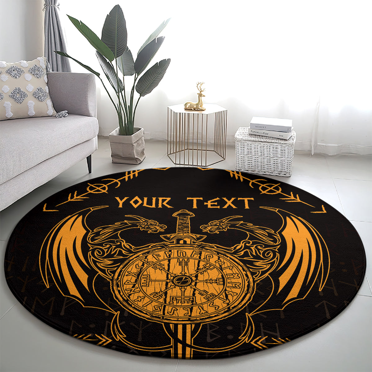 Round Viking dragon and sword carpet with gold rune compass and 'YOUR TEXT' lettering