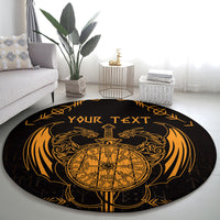 Round Viking dragon and sword carpet with gold rune compass and 'YOUR TEXT' lettering