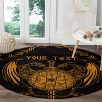 Round Viking dragon sword rug, black with gold rune compass and 'YOUR TEXT' banner