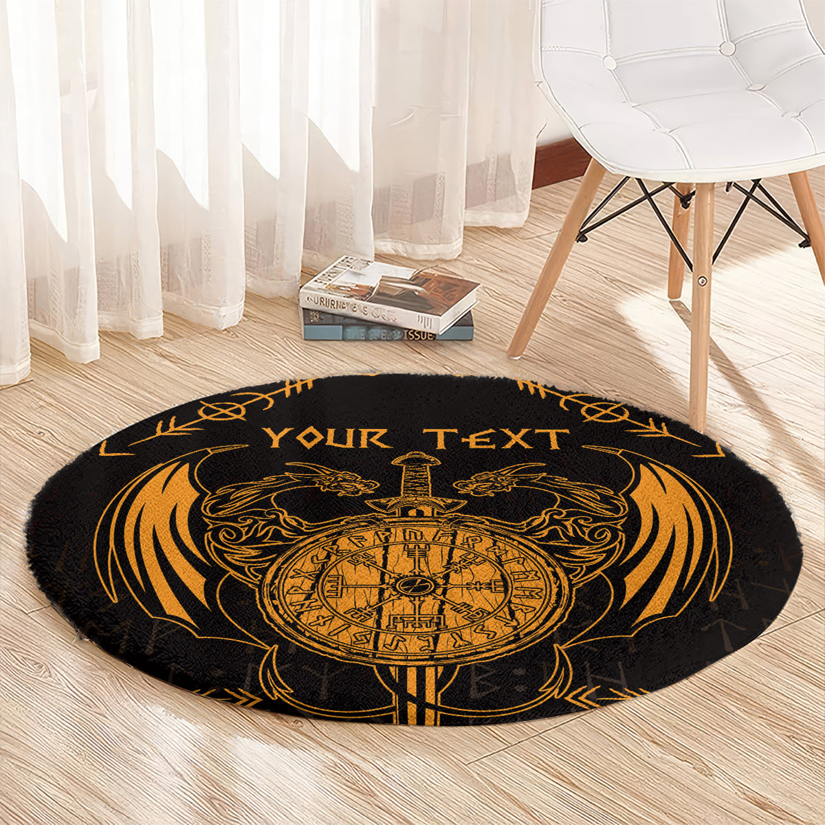 Round Viking dragon compass carpet, black with gold 'YOUR TEXT' print