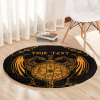 Round Viking dragon compass carpet, black with gold 'YOUR TEXT' print