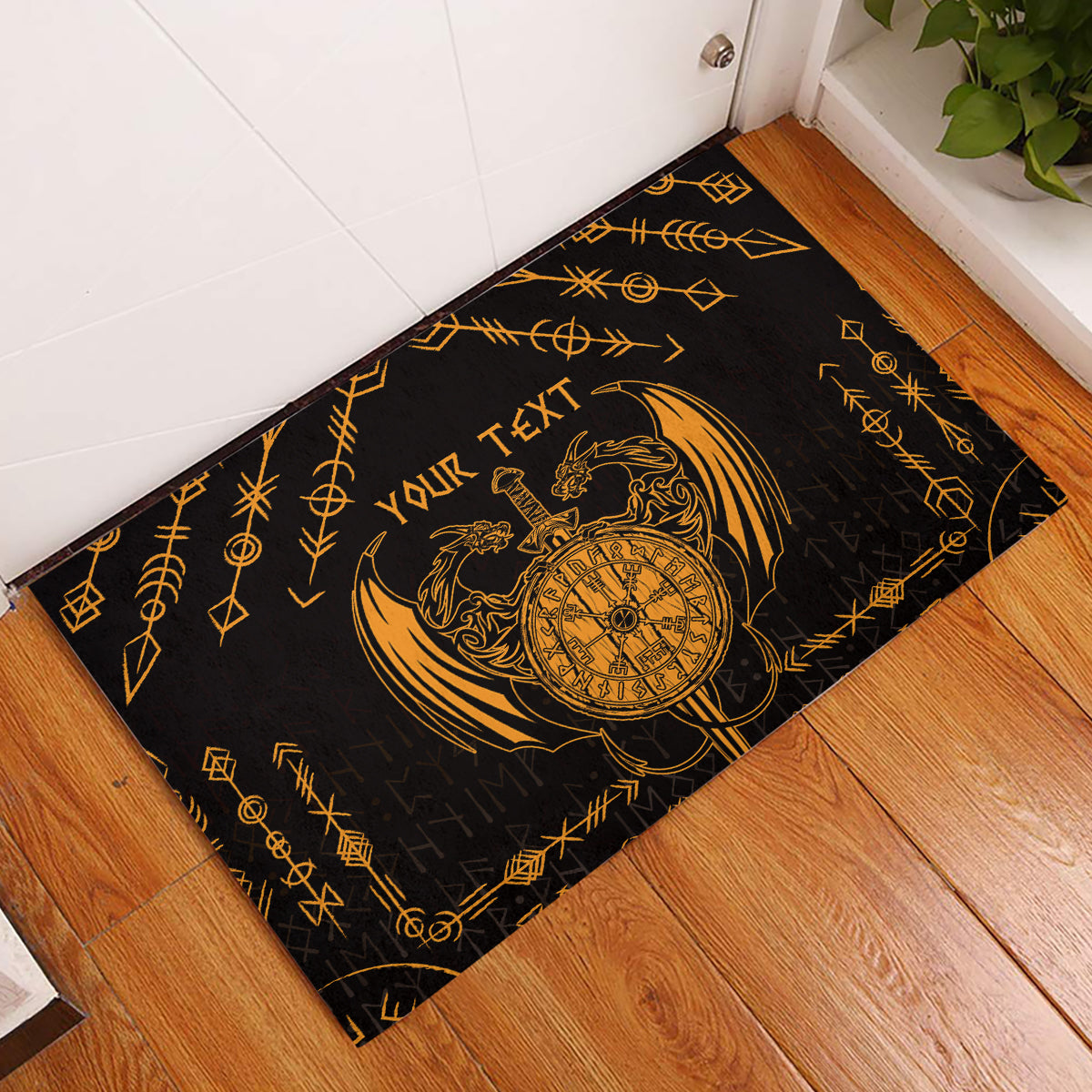 Personalized Viking Dragon Rubber Doormat with Sword Gold Scandinavian Tattoo