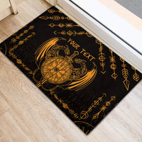 Black rubber doormat with gold dragon wing crest and your text, edged rune pattern