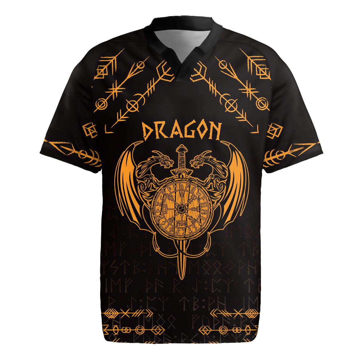 Personalized Viking Dragon Rugby Jersey with Sword Gold Scandinavian Tattoo