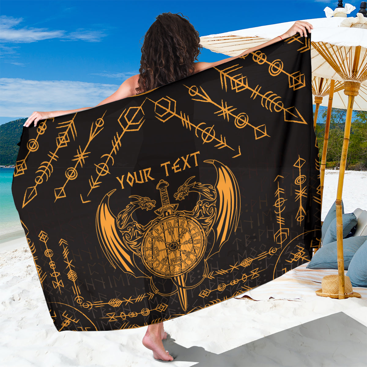 Personalized Viking Dragon Sarong with Sword Gold Scandinavian Tattoo