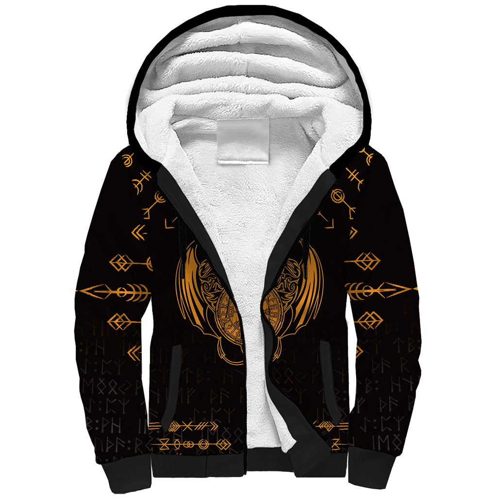 Personalized Viking Dragon Sherpa Hoodie with Sword Gold Scandinavian Tattoo