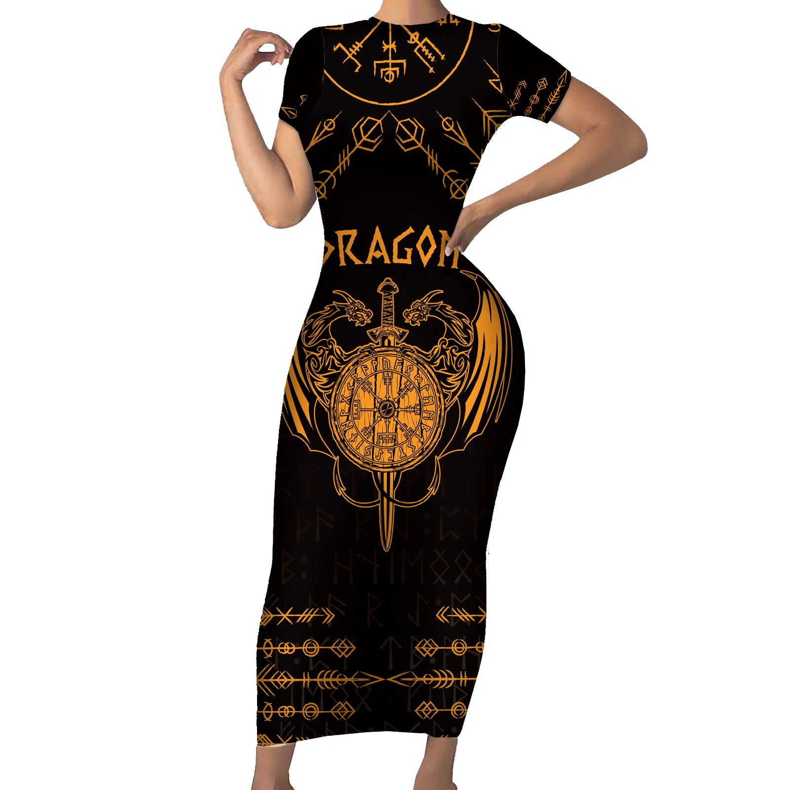 Personalized Viking Dragon Short Sleeve Bodycon Dress with Sword Gold Scandinavian Tattoo