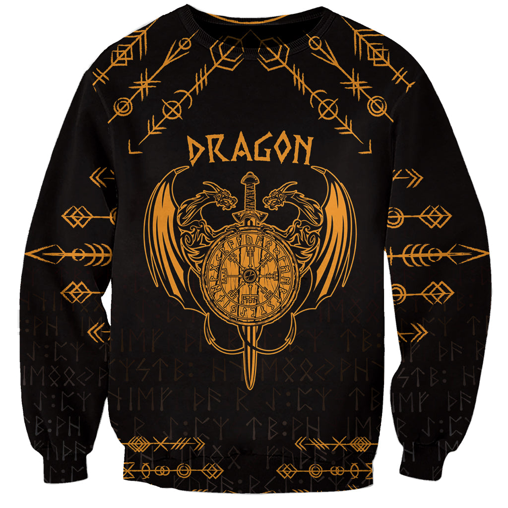 Unisex black sweatshirt with gold dragon, winged compass emblem, long sleeves