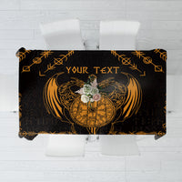 Black rectangular tablecloth with gold dragon wings and rune border