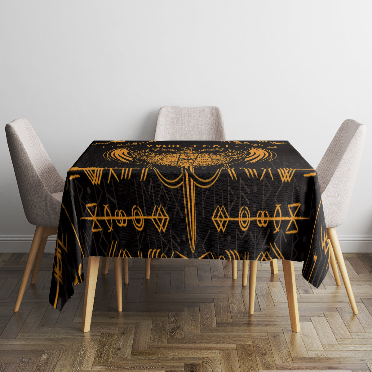 Black tablecloth with gold Viking dragon and runic symbols on dining table