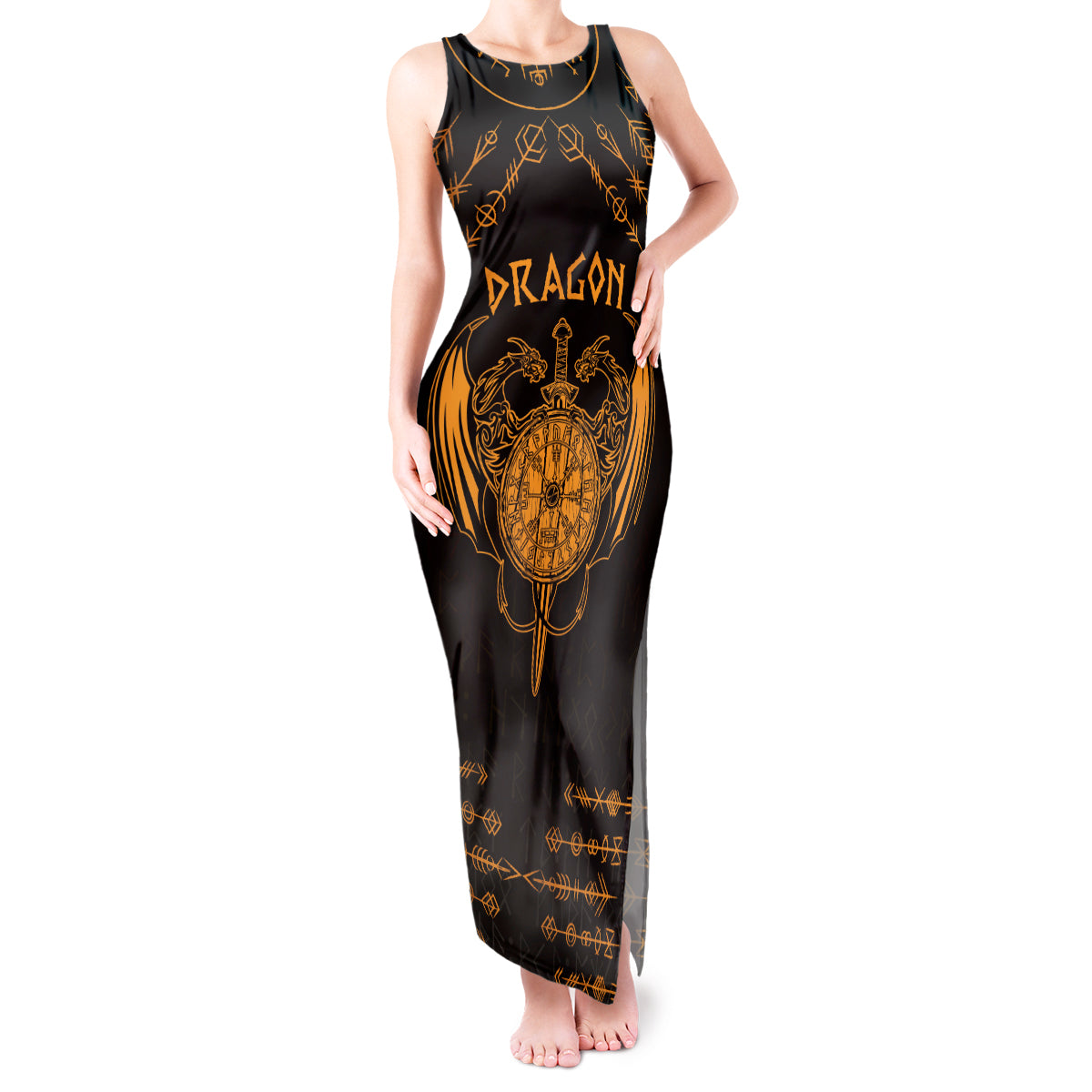 Personalized Viking Dragon Tank Maxi Dress with Sword Gold Scandinavian Tattoo - Wonder Print Shop