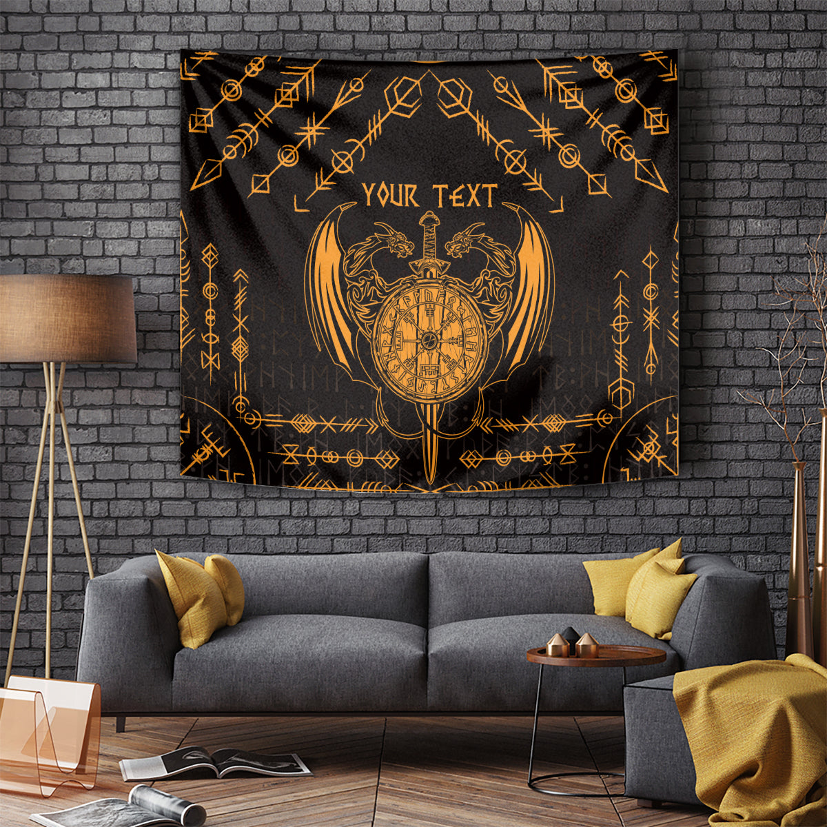 Black wall tapestry with gold Viking dragon shield and sword motif, YOUR TEXT center