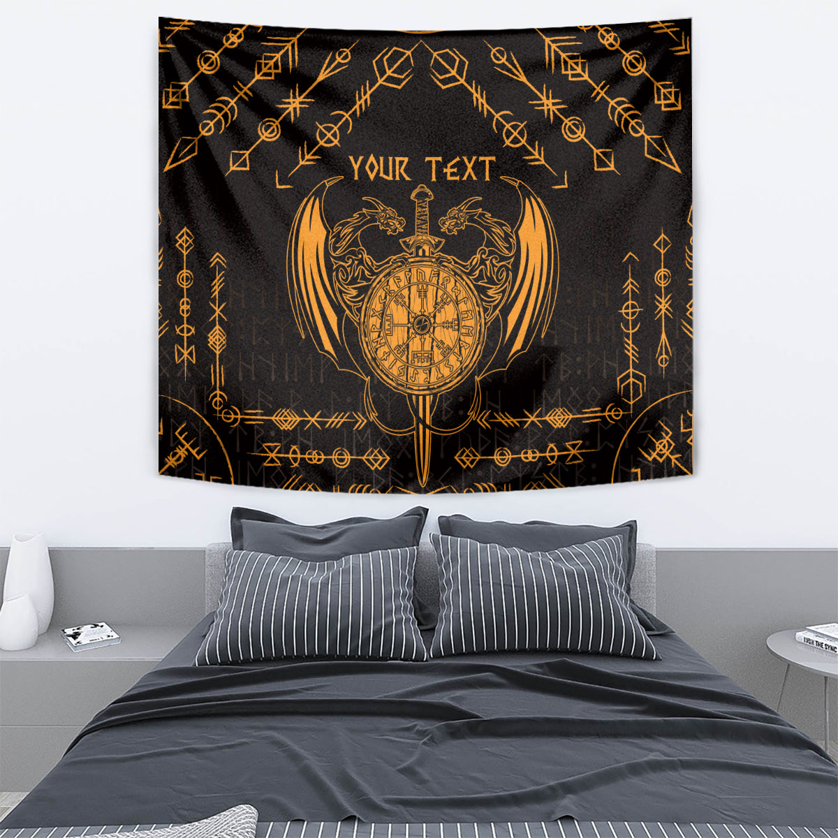 Black tapestry with gold Viking dragon shield emblem and geometric border, YOUR TEXT